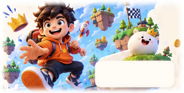 The Wobbles kid in an orange hoodie leaps between floating islands, past a crown, a rocket and a checkered flag.