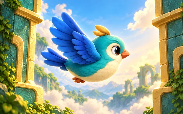 A teal bird flying through a jade sky-garden opening