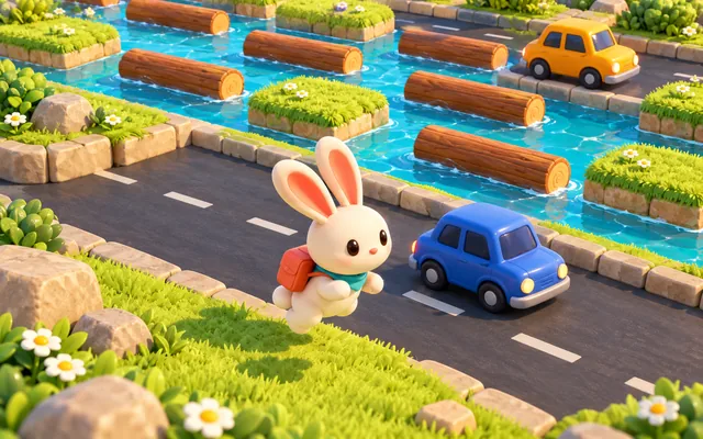A cream rabbit with a teal bandana and orange backpack hopping across a country road toward a river