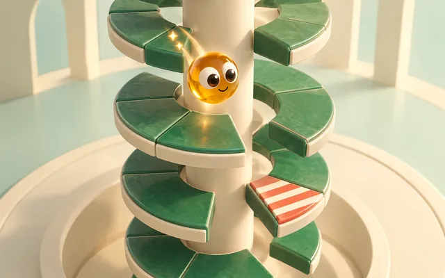 An amber marble with large ivory eyes dropping between jade platforms around an ivory tower